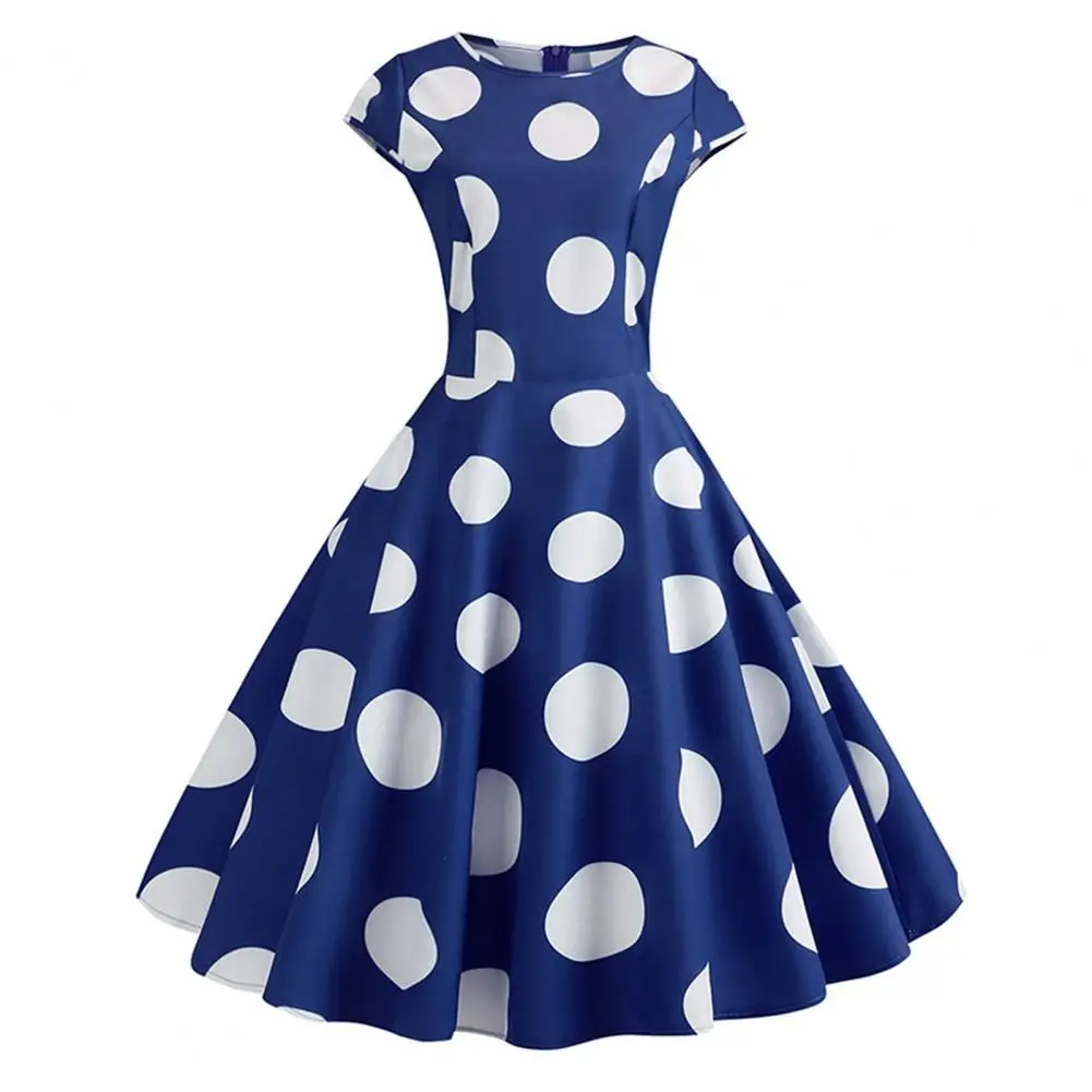 Vintage Dot Printed Women Midi Dress Women's Spring Summer Polka Dot Dress Fashionable High Waisted Large Hem Casual Dress