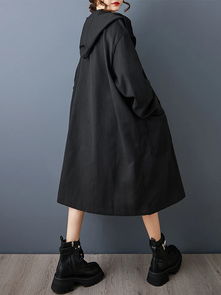 Płaszcz damski NYFS 2025, nowy jesienny, japoński, luźny, plus size, wiatrówka z kapturem, długi rękaw, długi trencz