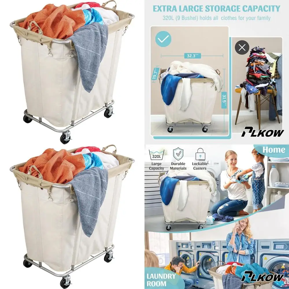

Large 320L Rolling Laundry Cart with Steel Frame and Waterproof Lining, 9 Bushel Capacity, Beige