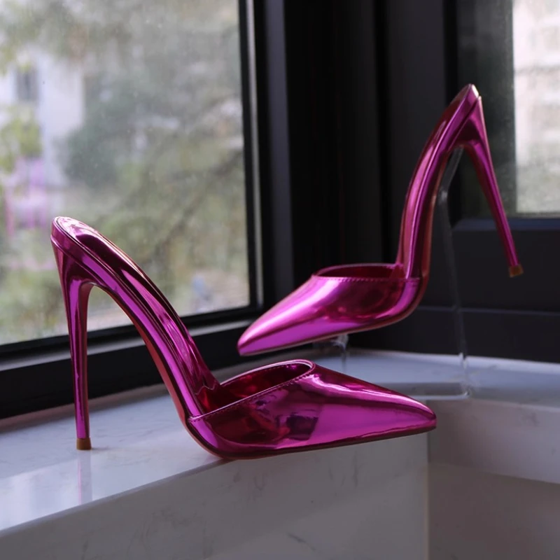 

2025 new pointed rose red laser high-heeled slippers with slim heels, sexy temperament, Baotou party super high heels for women