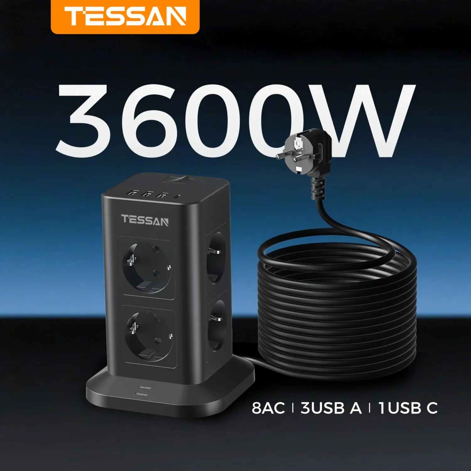 

Сетевой фильтр TESSAN 3600W USB C Tower с удлинителем 2 м, вертикальная электрическая розетка с выключателем, 12/11-портовый сетевой адаптер с вилкой стандарта ЕС