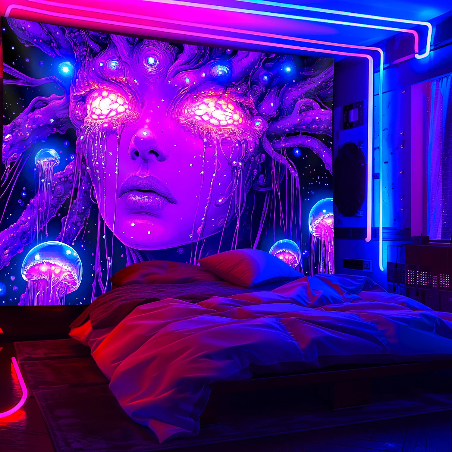 VIKAMA Psychedelic Jellyfish Goddess Tapestry, Black Light Purple Tone Wall Hanging for Bedroom Living Room Decor