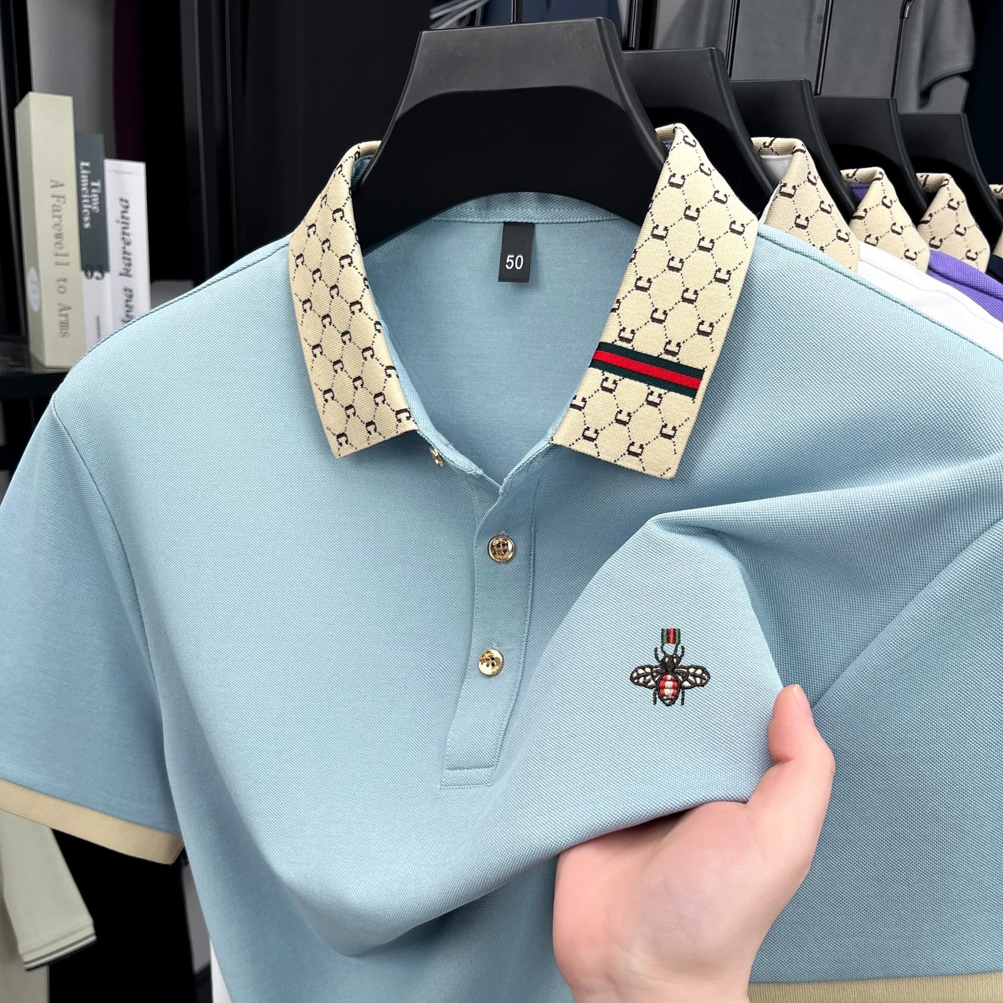 Personality letter jacquard lapel short sleeve T-shirt men high-end brand Little Bee embroidery fashion trend summer polo shirt - Image 4