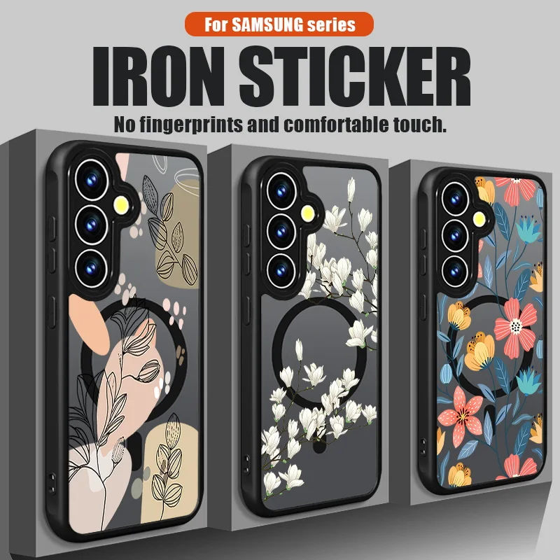 Floral Flower Print Magnetic Phone Case For Samsung Galaxy S26 S25 S24 S23 S22 Ultra Plus S25 Edge s24 S23 FE TPU Acrylic Cover