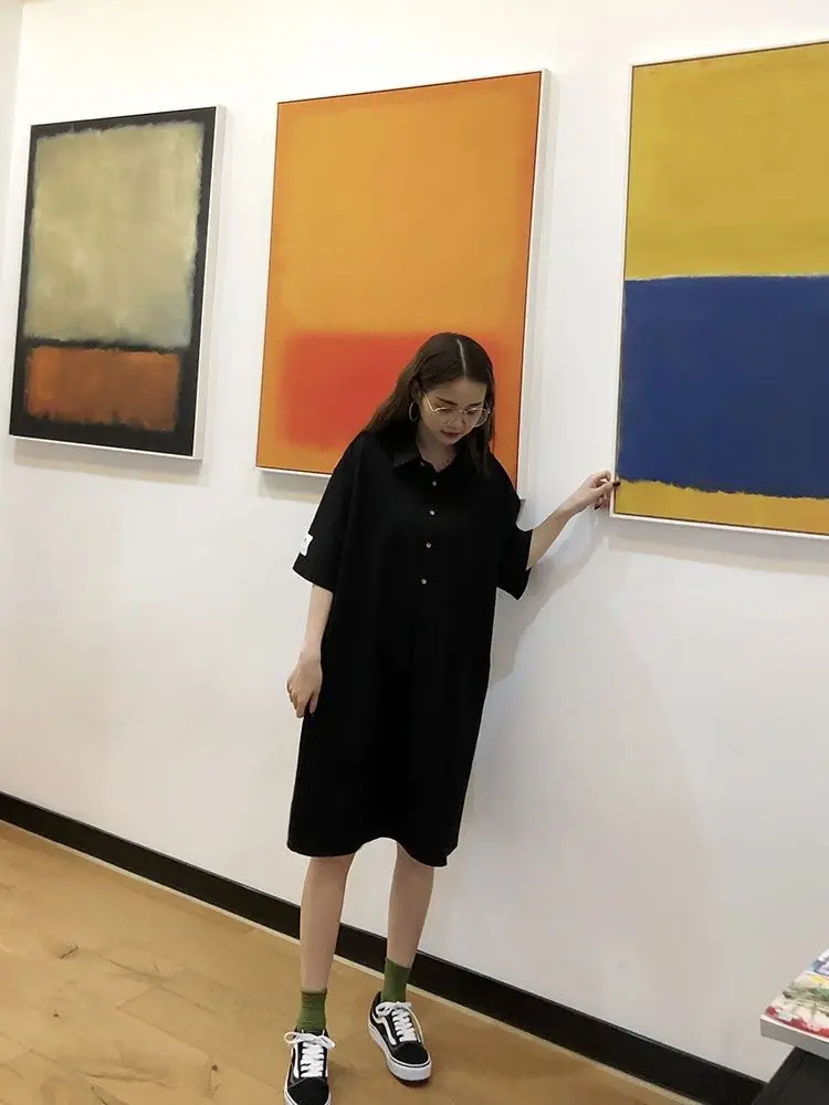 T-shirt d'été pour femmes, grande taille, Dr ort Sve Midi Dr Bla, longueur aux genoux, col irt, coupe confortable