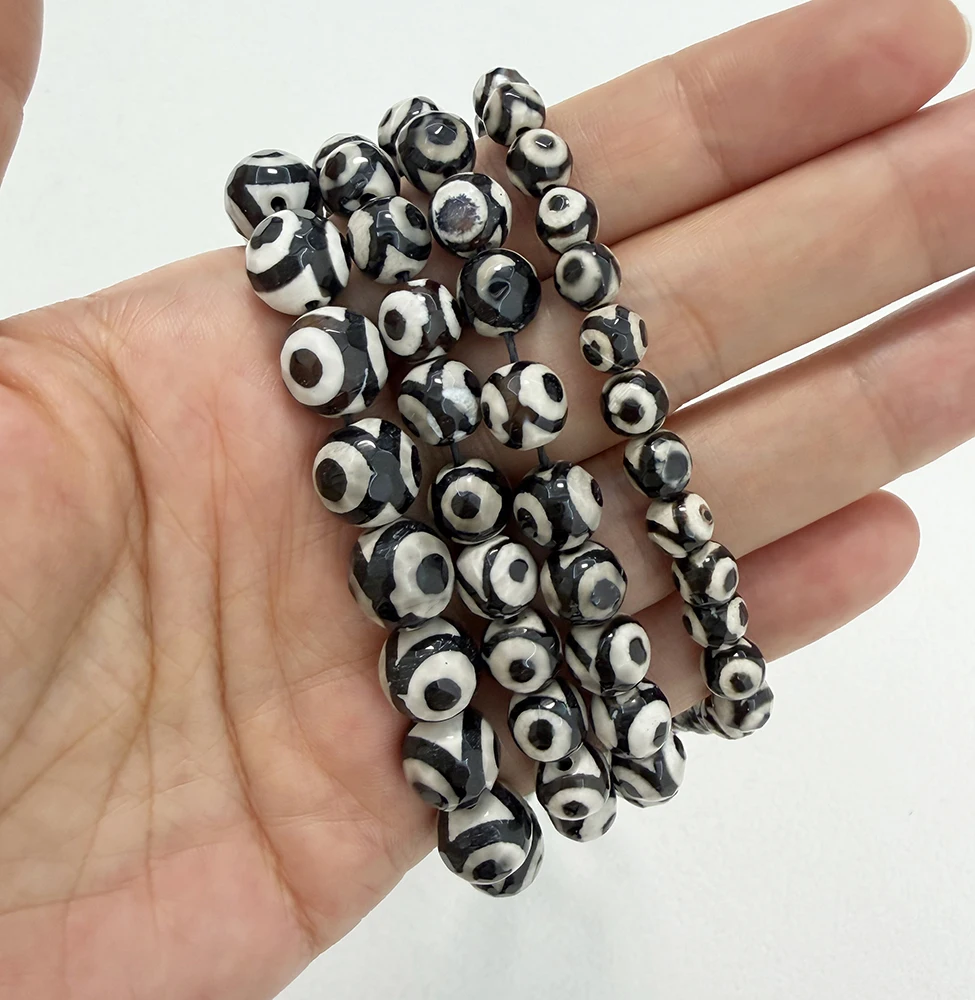 Natural Stone Faceted Eye Pattern Black Tibetan Agate Round Loose Beads 8 10 12MM Pick Size For Jewelry