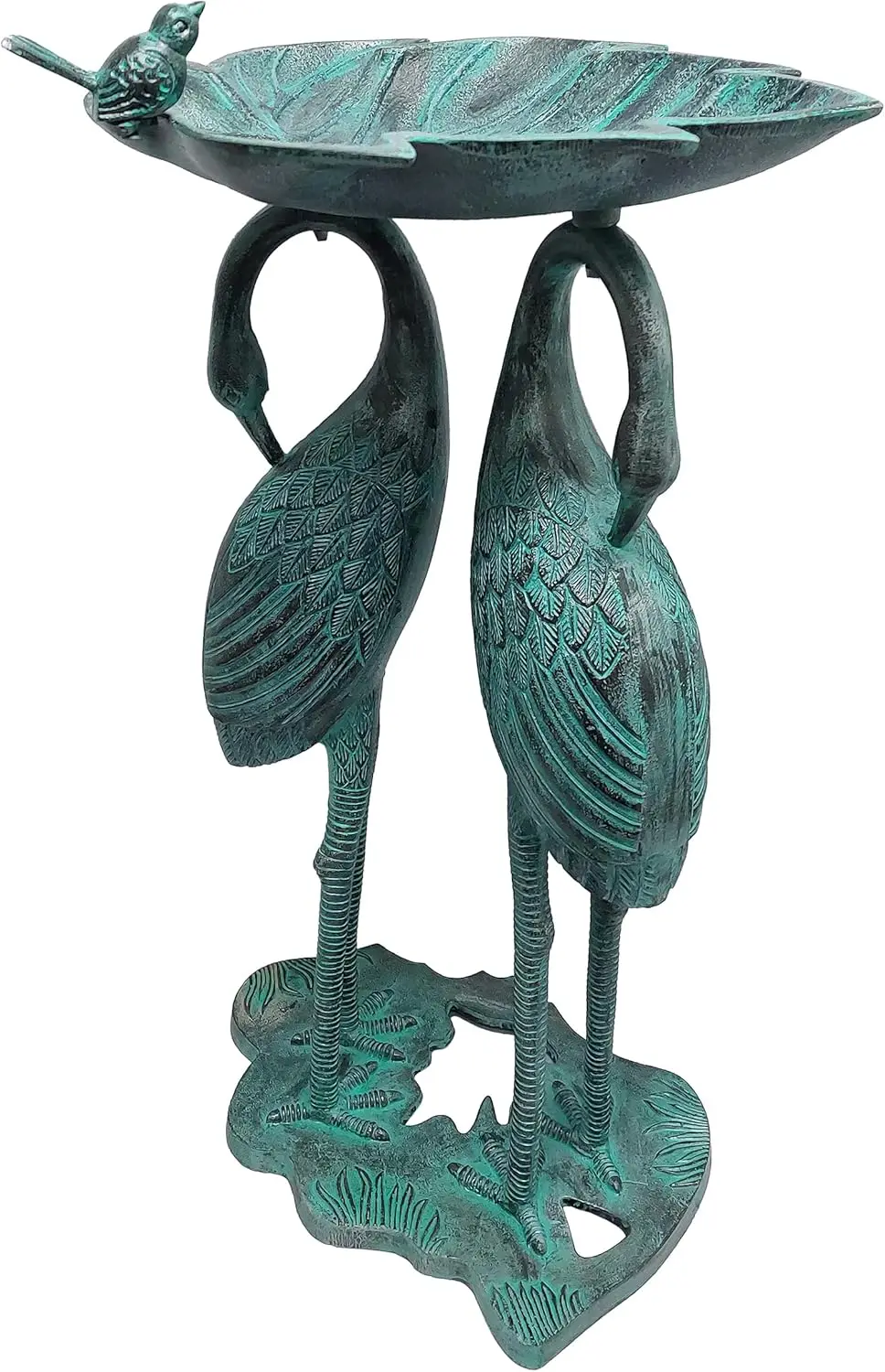 حمام طيور من الألومنيوم المصبوب مقاس 30 بوصة مع وعاء أوراق شجر، لمسة نهائية من باتينا سوداء، ديكور خارجي مقاوم للطقس