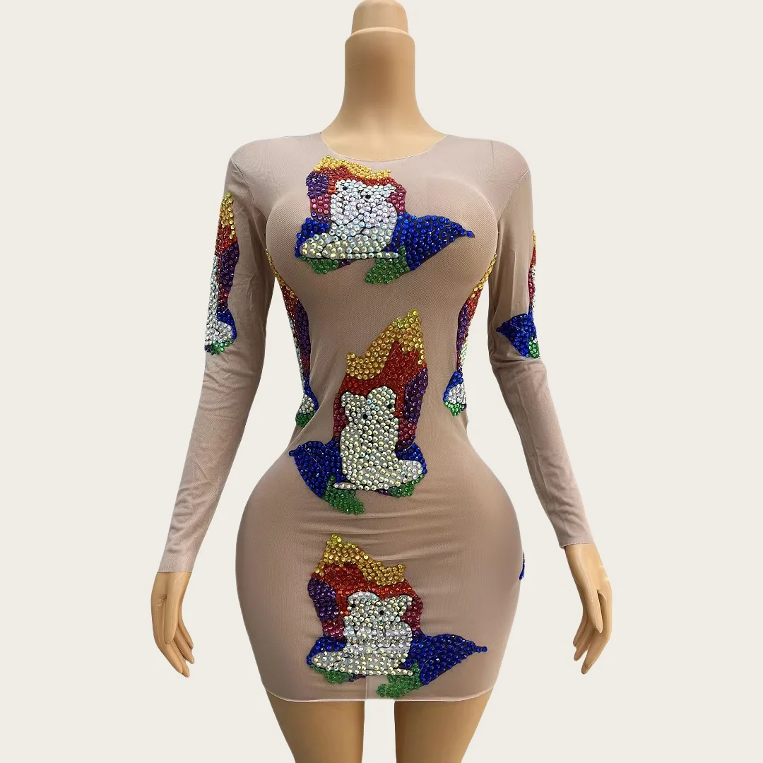 

Sparkly Rhinestone Long Sleeved Spandex Short Dress Sexy Women Tight Fitting Mini Dress Birthday Celebrate Party Outfits Qifu