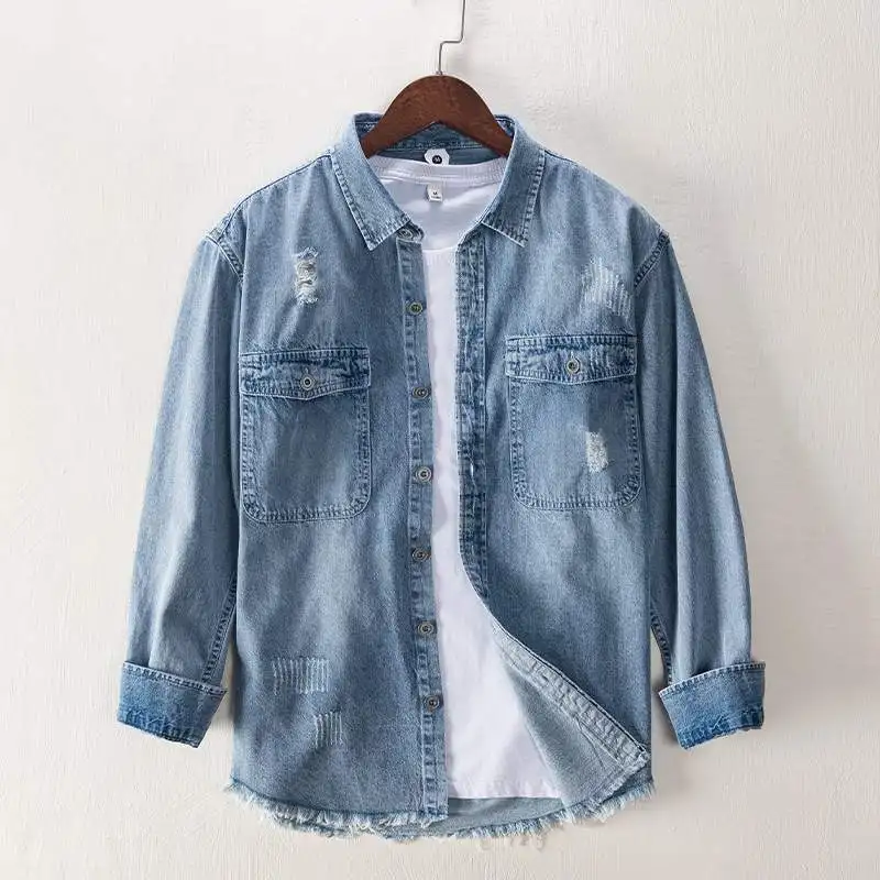 

Retro Japanese Style Men's Casual Long Sleeve Denim Jacket Hole Design Outerwear Shirt Thickened Winter Clothes