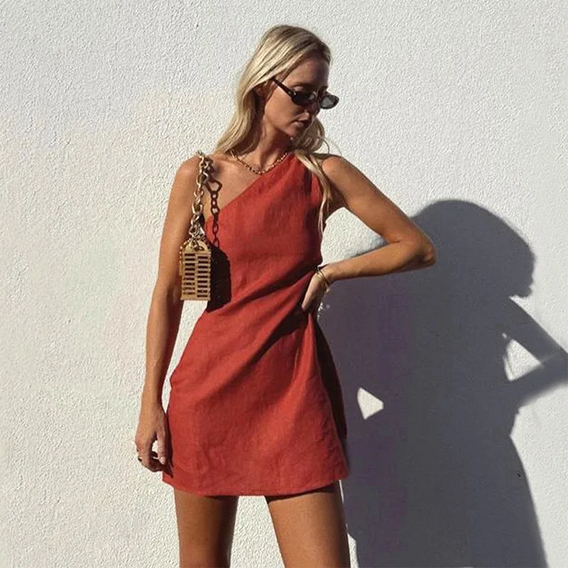 2024 Summer Cotton and Hemp Skirt Women's Style Spicy Girl Sleeveless Short Skirt Pure Desire Style Zipper Slant Shoulder Dress