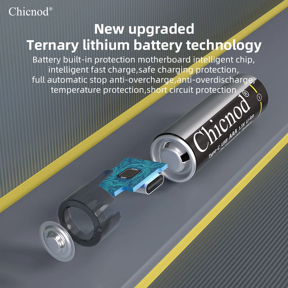CHICNOD Fast Charging 1.5V AAA Lithium ion Battery 814mWh USB Rechargeable Lithium Battery for Toy Keyboard+Type-C Charging Cabl