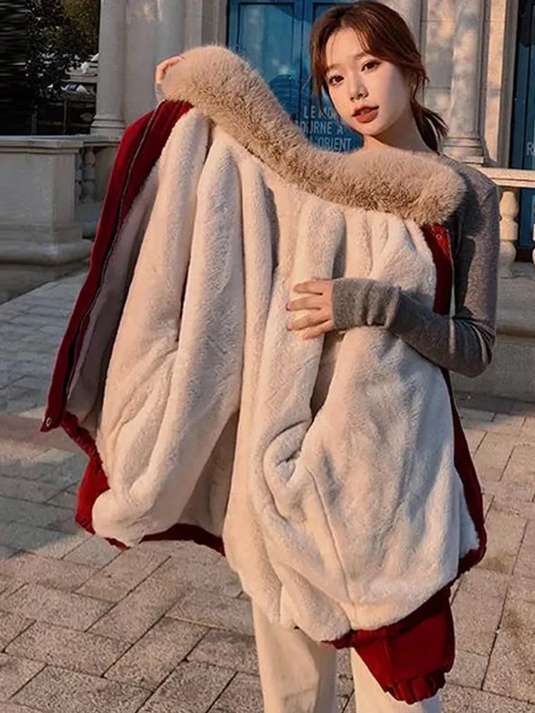 Zoki Winter Warm Red Parkas Women Korean Long Sleeve Thick Plush Coats Fashion Casual Design Female Sweet Elegant Chic Jackets