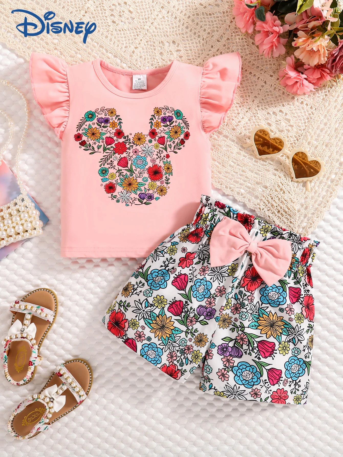 

[Disney Authentic] Girls' Summer Fresh Two-Piece Set Pink Sweet Girls' Flutter Sleeve T-Shirt Floral Mickey Print Floral Shorts with 3D Bow Baby Casual Trendy Children's Clothing