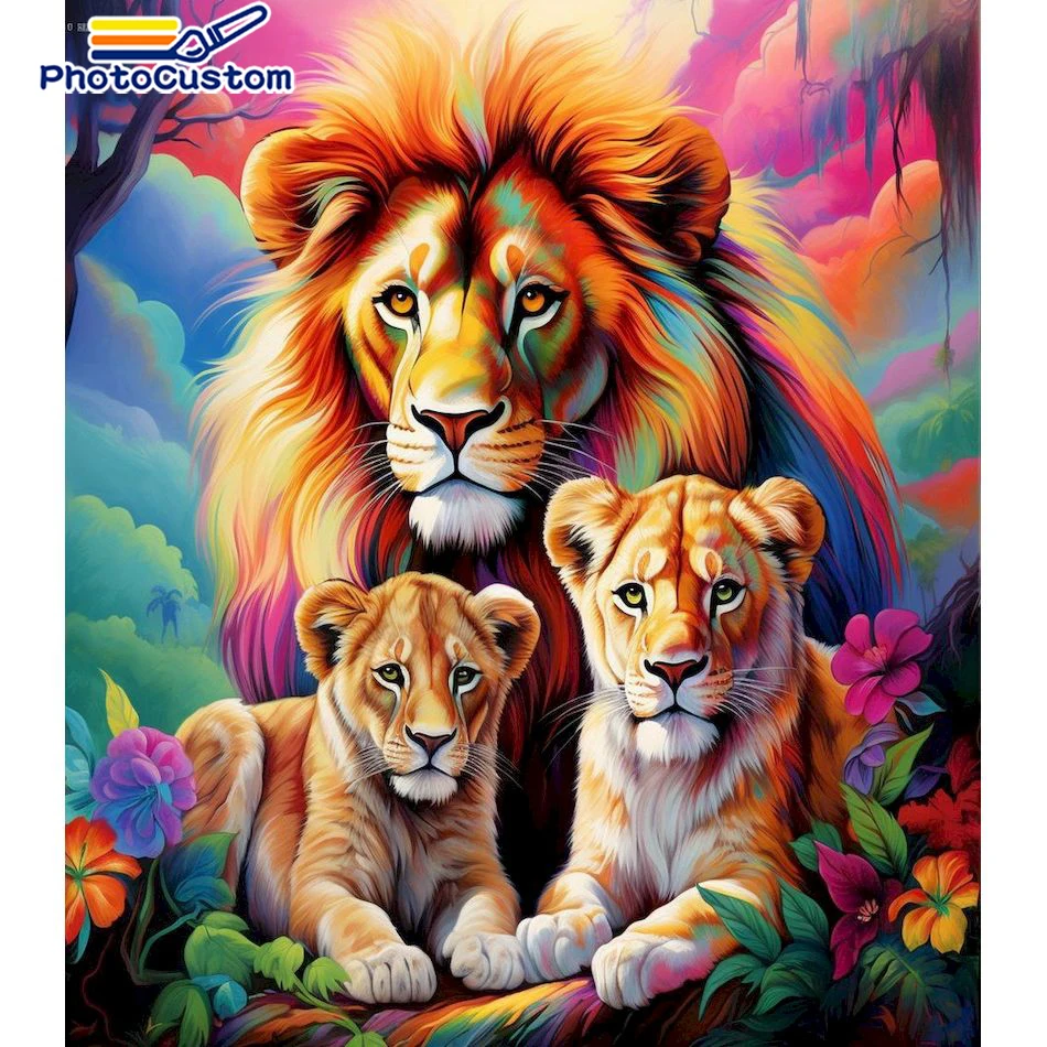 

PhotoCustom 5D DIY Diamond Painting Cross Stitch Full Round Diamond Mosaic Lion Animal For Home Wall Decoration Gift New Arrival