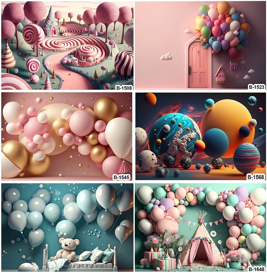 

Newborn Backdrops Photographic Cake Smash Balloons Candy Interior Indoor Decor Happy Birthday Party Backgrounds Supplies Props