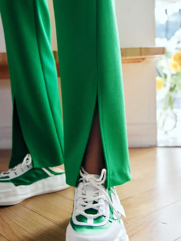 OLrain Fashion Pants for Women 2025 Drawstring Waist Slit Straight-leg Knitted Pant Solid Pockets Fashion Trousers O22XK01621
