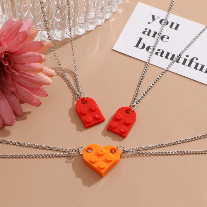 OMY Punk 2Pcs Heart Brick Couples Love Necklace For Lovers Women Men Lego Elements Friends Necklaces Valentines Gift Jewelry