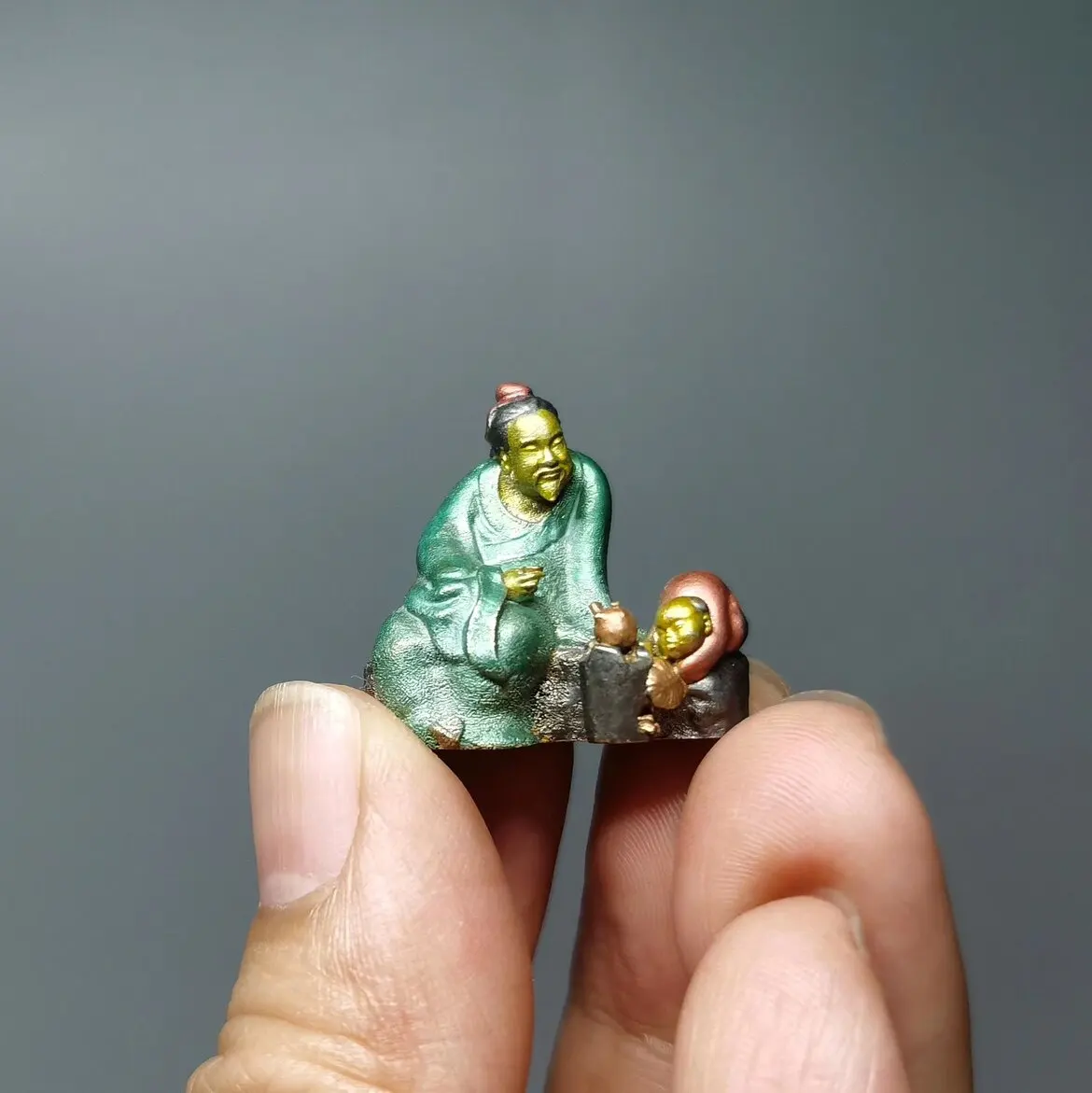 Lu Yu Is Tasting Tea Brass Solid Painted Stone Bonsai Character Decoration Songfeng Song Painting Ancient Oriental Humanities