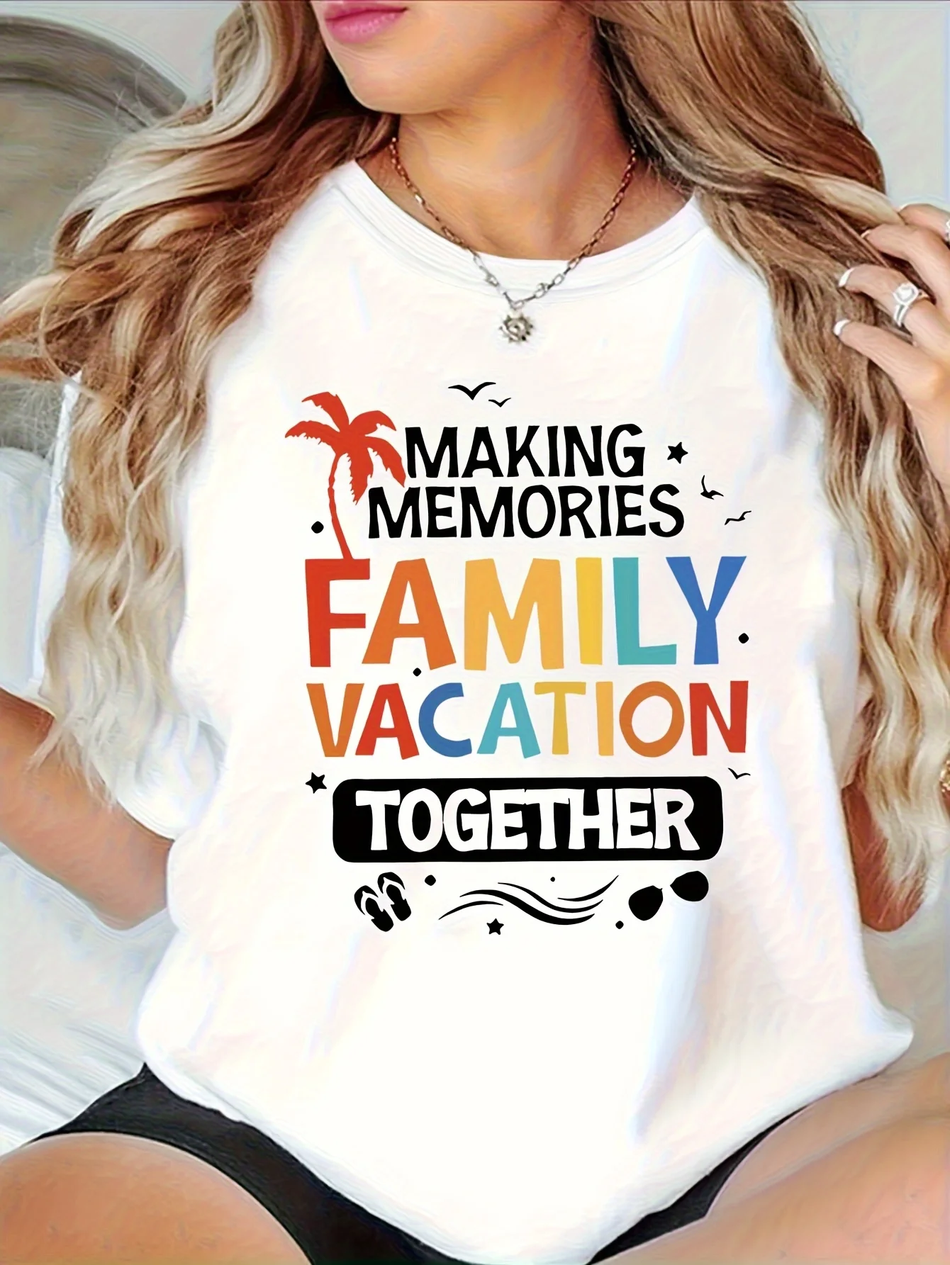 تي شيرت نسائي مطبوع عليه حروف معًا للعطلات العائلية، تي شيرت كاجوال بأكمام قصيرة ورقبة دائرية للصيف والربيع #1