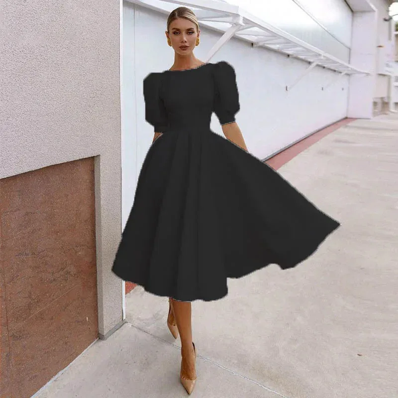Spring/summer New Solid Color Slim Fit Women's Dress Fashion Sexy Big Swing Short Sleeve Midskirt Vestidos De Festa
