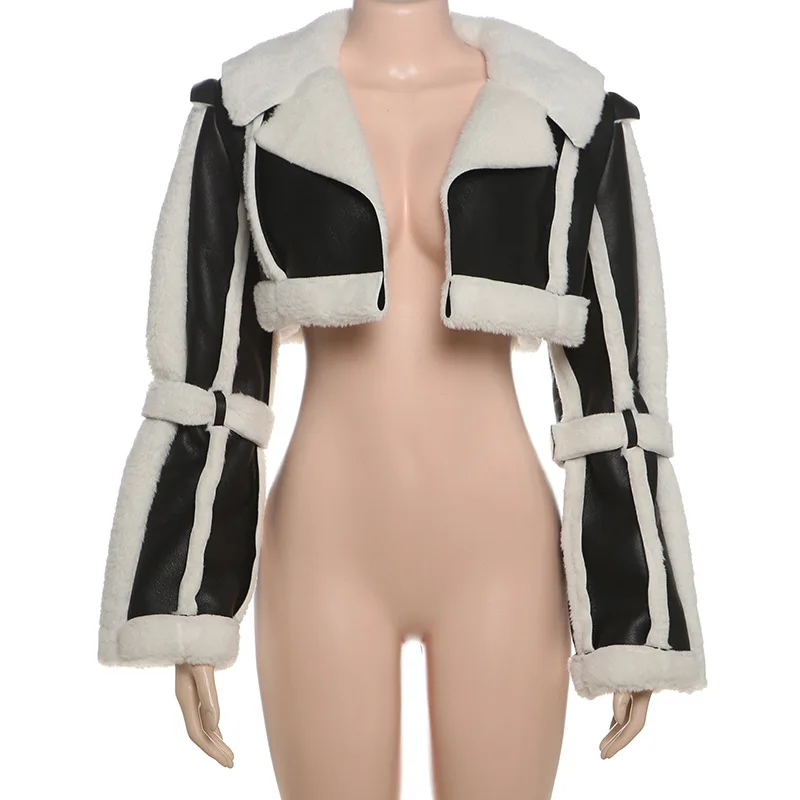 Fashionable Women's Winter New Style Trendy and Personalized Lapel with Lambhair Splicing Leather Design Ultra Short Jacket
