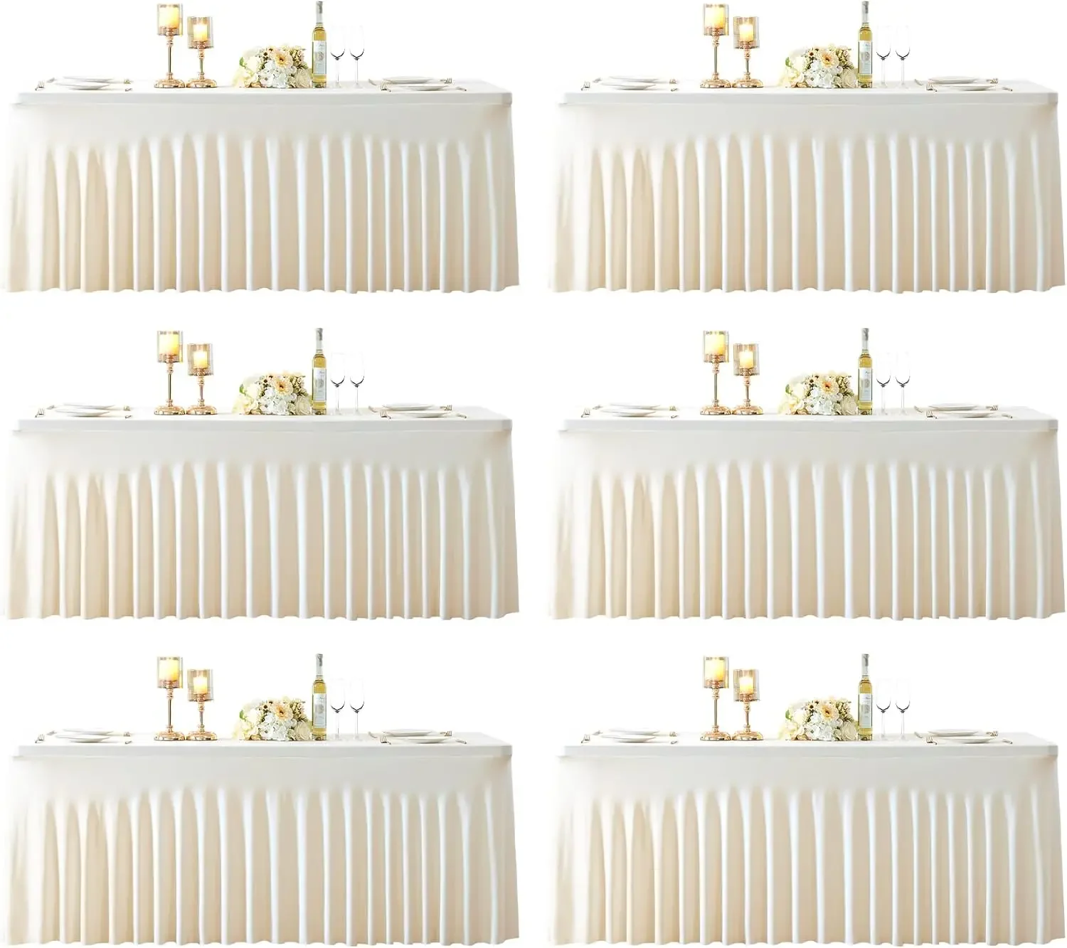 6 Pack Ivory Spandex Tablecloths for Rectangle Tables 8 Foot Ivory Stretch Table Cloth Rectangle 8ft Elastic Fitted Table Cover