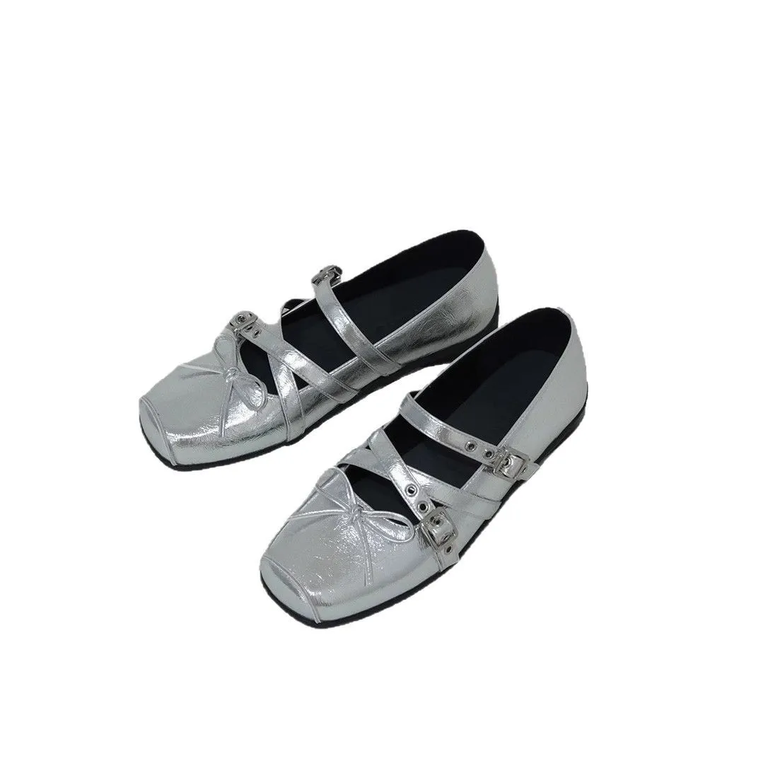 Retro Red Bow Knot Flat Ballet Flats Women's Spring Summer French Style Leather Mouth Loafers Rivet Low Heel Single Shoes view 5