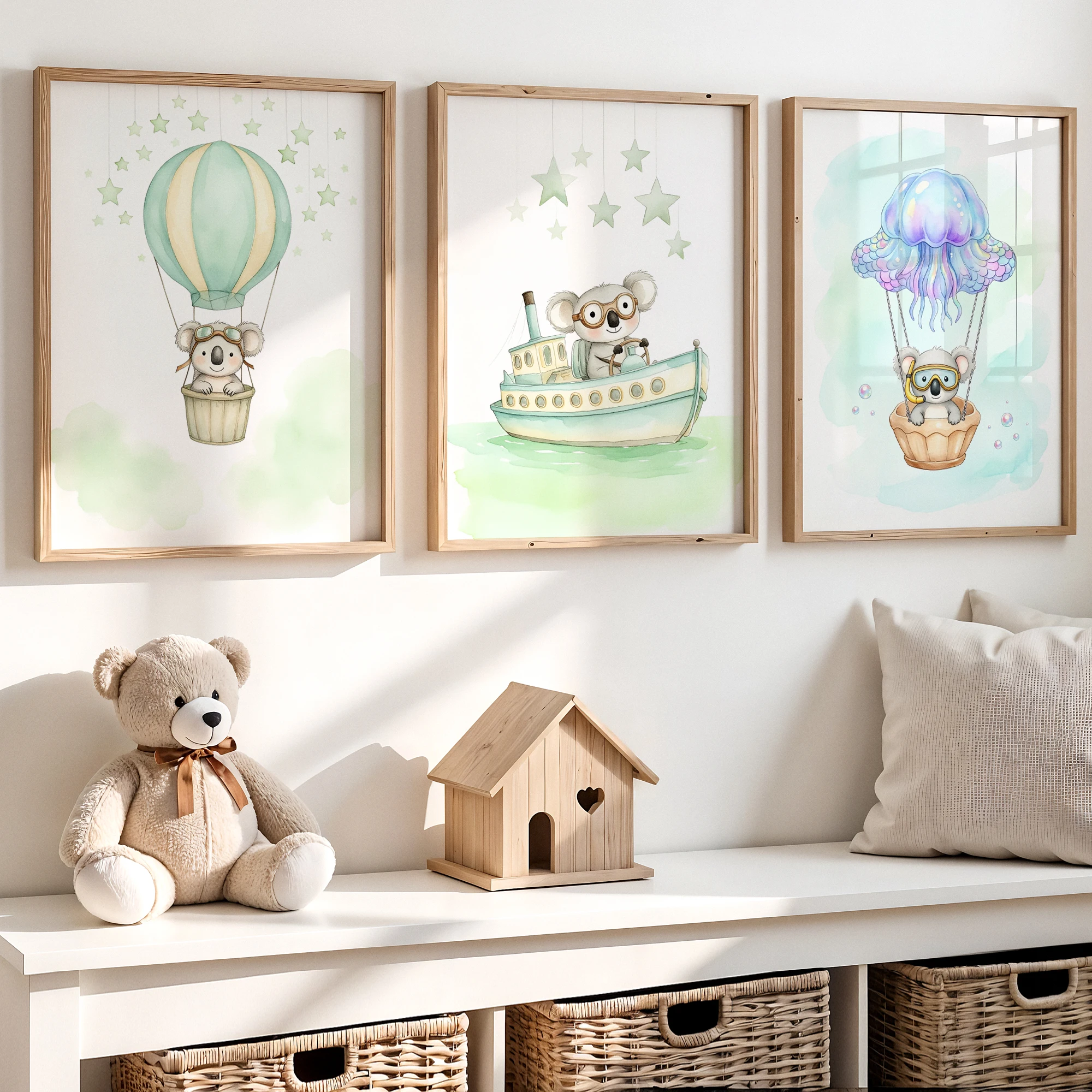 Cartoon Watercolor Sloth Riding A Hot Air Balloon Wall Art Print Canvas Painting Poster Picture For Kids Room Home Decor