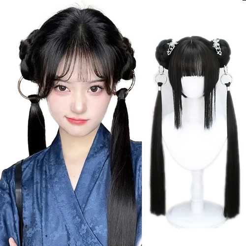 Imagen 1 del producto Peluca corta sintética recta azul lago doble lazo de pelo doble trenza cola de caballo peluca corta y recta para cubrir la cabeza para mujer