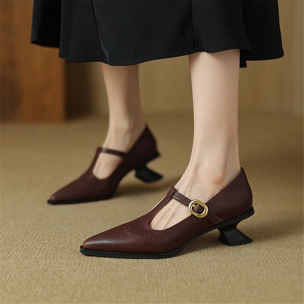 FEDONAS Retro Women Genuine Leather Pumps Sexy Pointed Toe T-strap Office Pumps 2024 New Women Spring Autumn Pumps Shoes