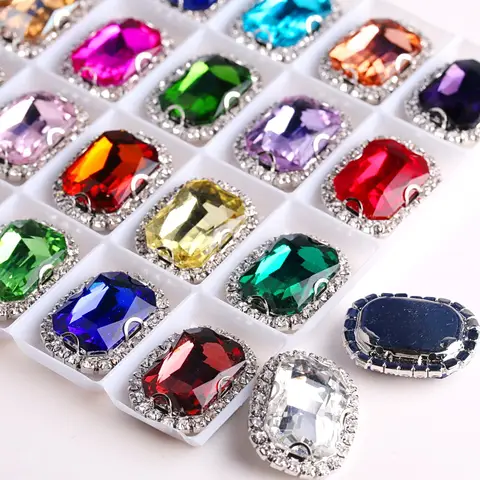 Rectangle shape glass crystal with rhinestone chain in Silver metal claw settings Sew on clothes shoes diy trim