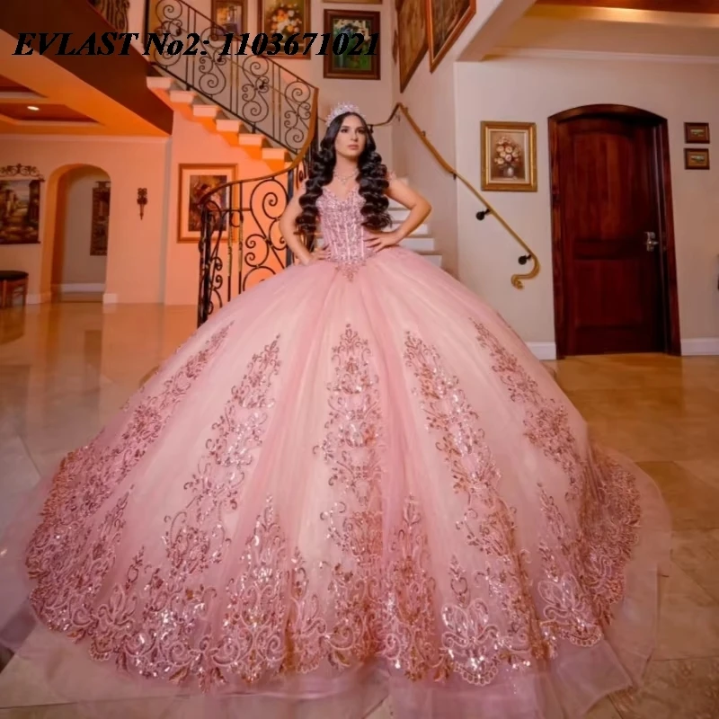 

EVLAST индивидуальное мексиканское розовое платье Quinceanera, бальное платье с блестками, аппликация, корсет с бисером, Sweet 16, Vestidos De 15 Anos E2Q12
