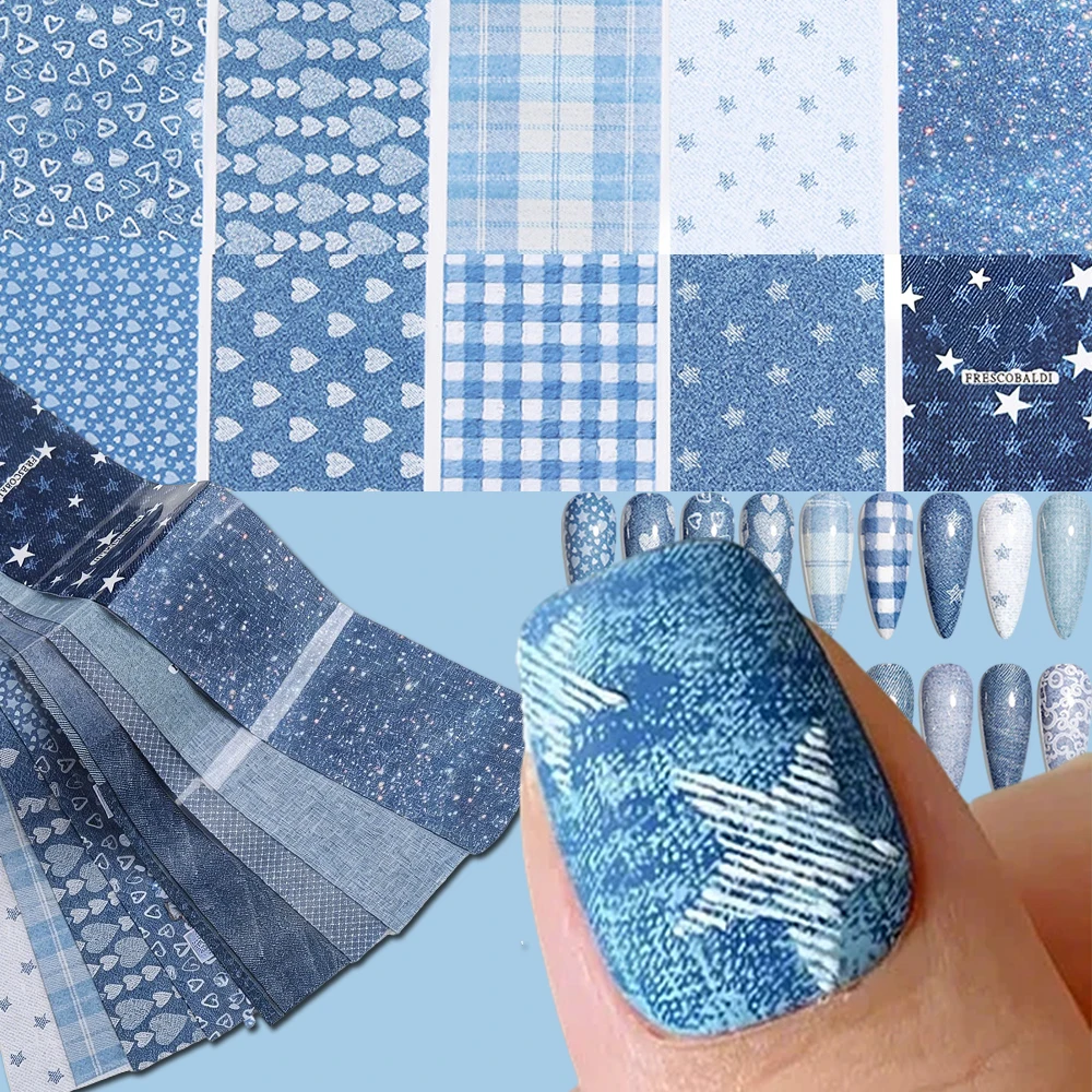 

10pcs Denim Blue Nail Transfer Foil Retro Blue Jeans Texture Heart Star Plaid Nail Transfer Paper For Y2K Manicure Starry Decal