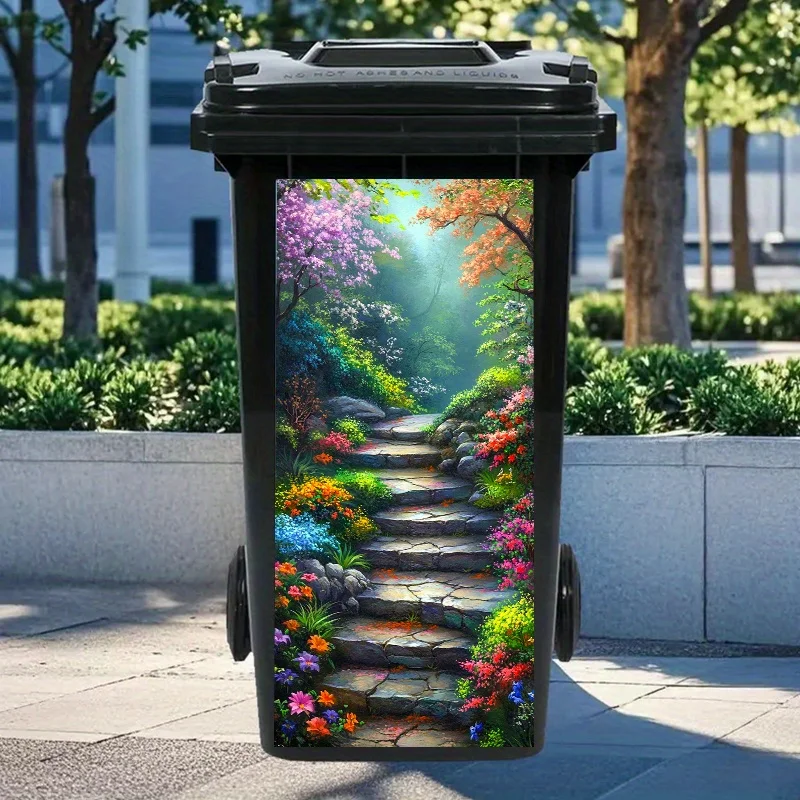 1 Garden Path Art Trash Can Sticker, Size 32.28 × 14.57 Inches, PVC Self-adhesive Sticker, Creative Home Decoration Sticker