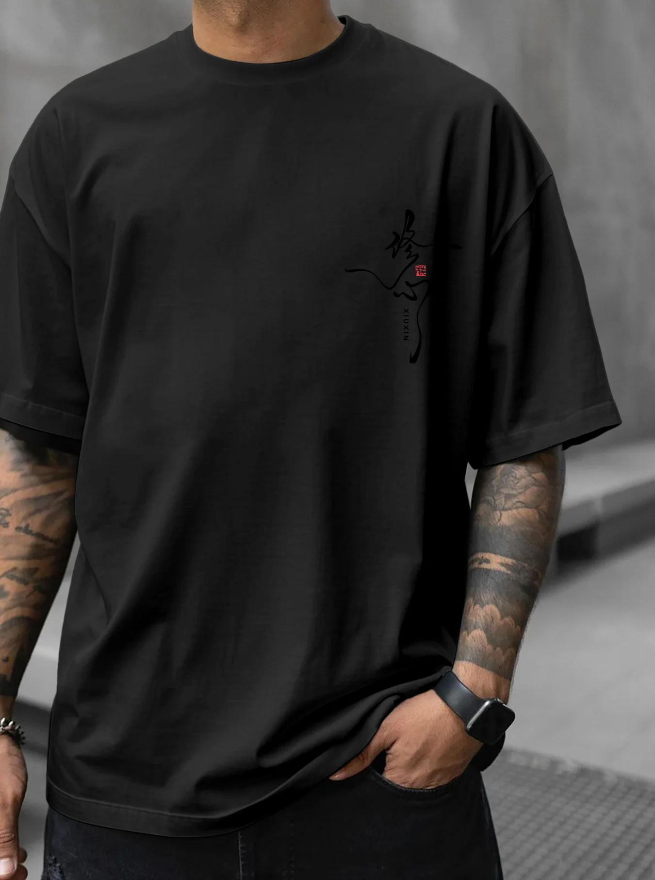 Oversized Drop Shoulder Men T Shirt Back Oriental Mountain Pavilion Moon Art Print Crew Neck Casual Tee S-XXL