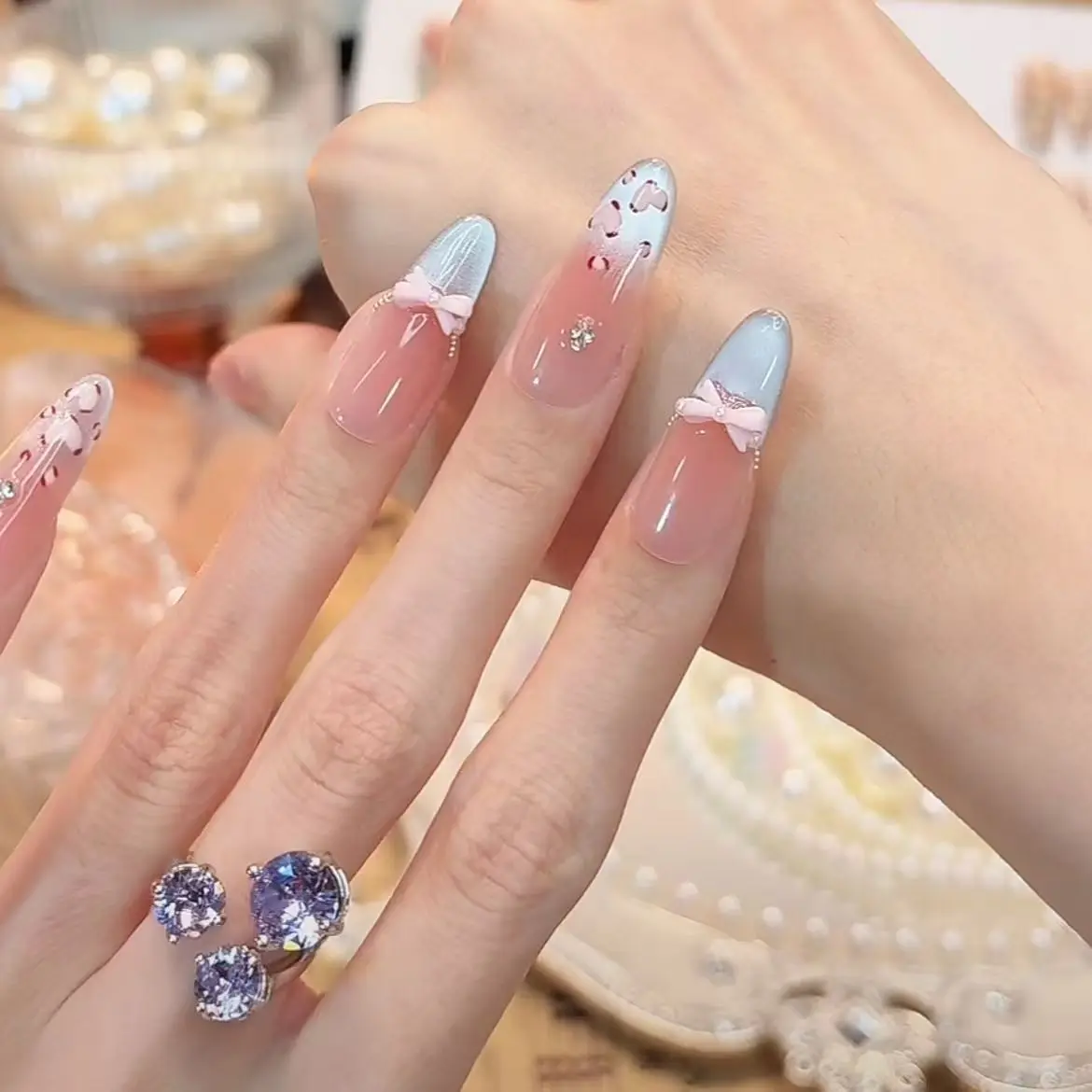 

10 шт. Накладные ногти ручной работы с леопардовым принтом и эффектом синего кошачьего глаза, многоразовые, съемные, в стиле Spice Girls, длинные, миндалевидные, искусственные ногти