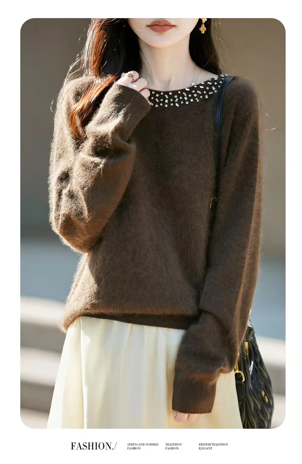 High-grade heavy industry hot drilling brushed sweater temperament sweater soft waxy velvet knit