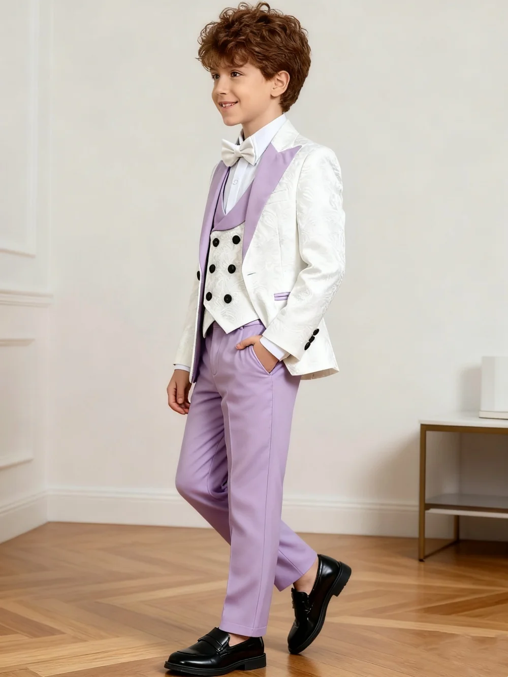 Conjunto de traje de lujo de Jacquard blanco Lila para niños, chaqueta ajustada de 4 piezas de 3 a 14 años, chaleco, pantalones, pajarita, Formal de boda, superventas