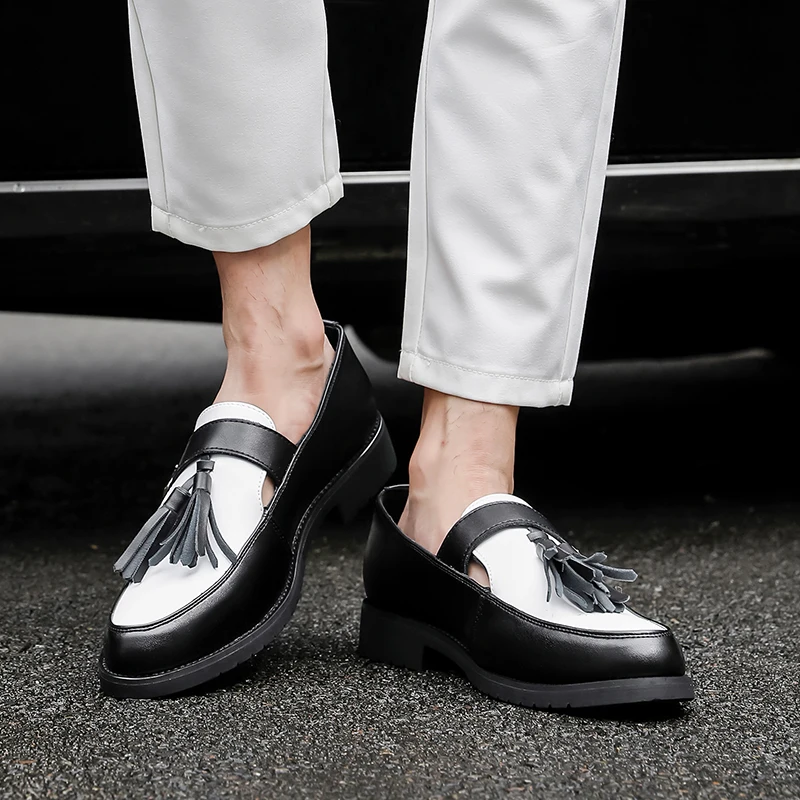 

Fashion Black White Tassel Party Loafers Brand Business Low Cut Soft Comfort Casual Shoes Versatile Commuting Mens Leather Shoes