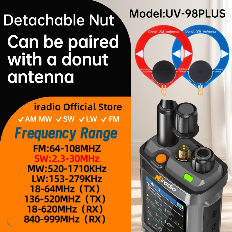 راديو iradio UV-98 GPS APRS ثلاثي الاستعداد AM/CB/SSB HF HAM مع 1024 قناة AM LW MW SW UHF VHF RX TX، هوائي مزدوج