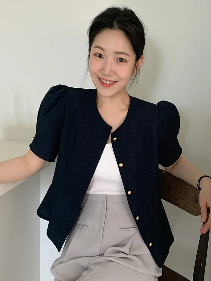 

Women's Summer New Retro Gentle Ele Single Button Ruffle Hem Waist Cinch Bubble Sve irt Korean Sle Loose Fit ort...