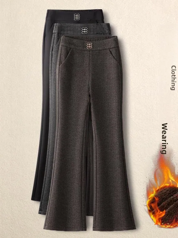 Thickened Woolen Fleece Lined Bell Bottom Pants Loose Casual Trousers for Middle Aged And Elderly Autumn Winter New Style