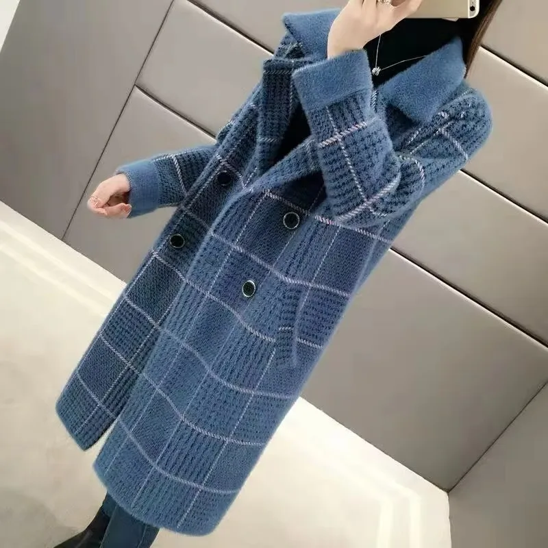 Nuovo modello scozzese autunno inverno visone pile imitazione cappotto di media lunghezza donna allentata cardigan ispessito trench per cappotto da donna