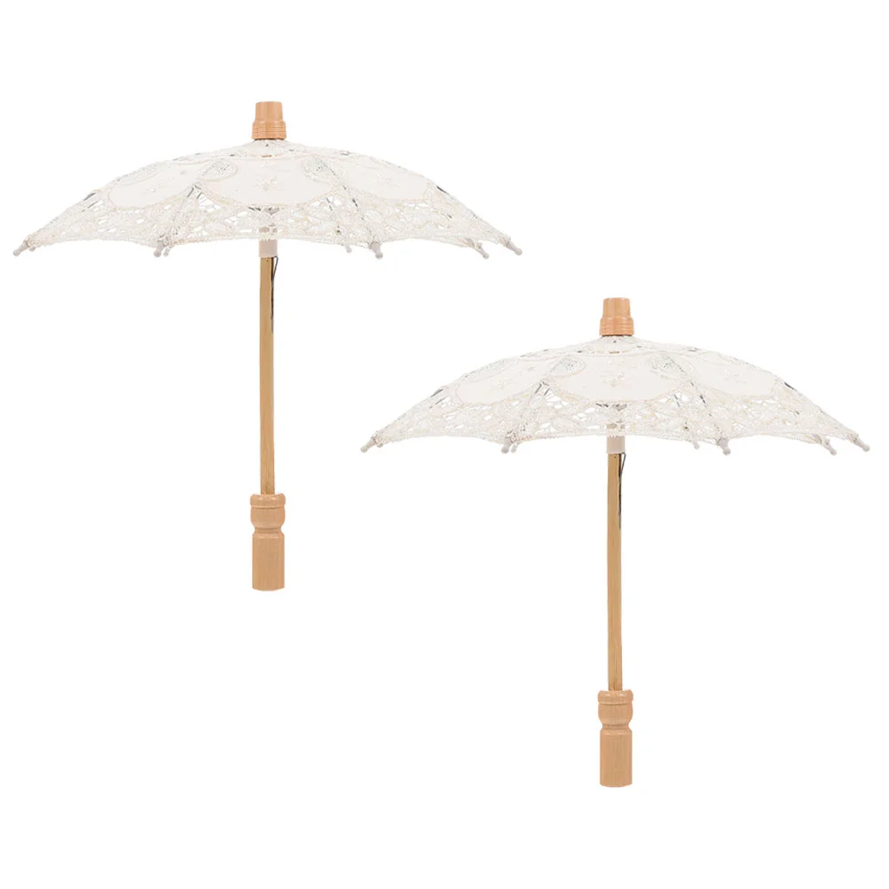 2 Pcs Cotton Umbrella Bride Parasol Lace Flower Wooden Bridal Wedding Umbrellas for