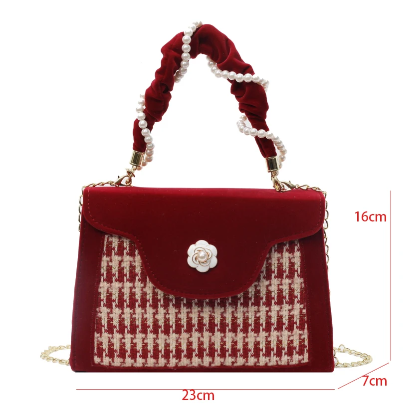 Borsa da sposa rossa per donna borsa a tracolla a catena in velluto pied de poule di design borsa a tracolla con manico in perla femminile