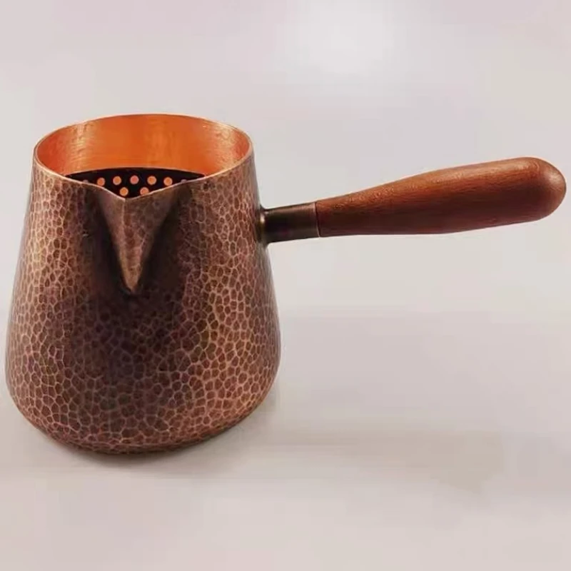 

Vintage Hand-Rinsed Pure Copper Coffee Pot,Handcrafted Engraving Hammer Texture 700ml Boil Tea Teaware,Wooden Handle Teapot