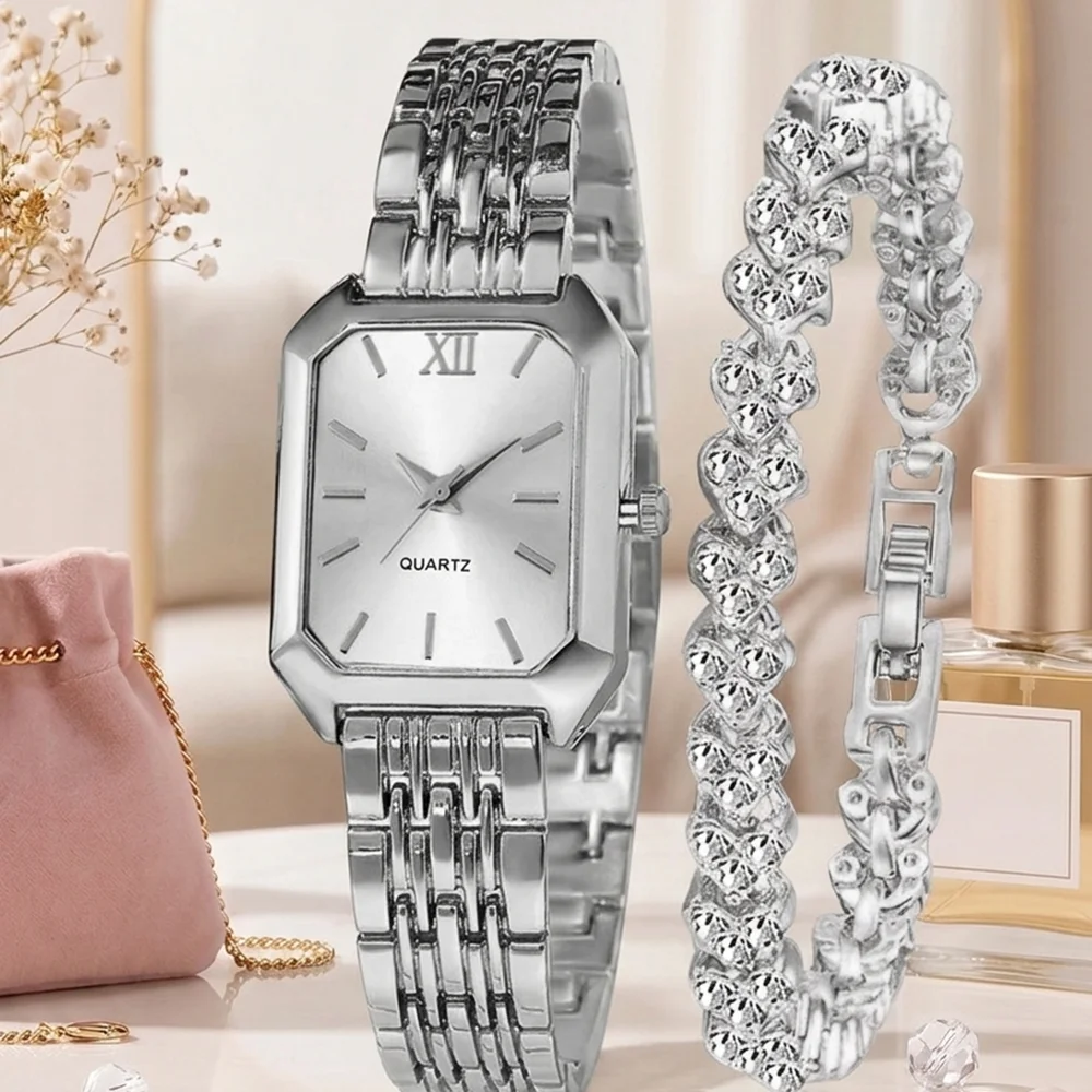 2Pcs/Set Unisex Jewelry Watches Women's Wristwatch Accessories Silver Trendy Fashionable Elegant Classic Exquisite Light Luxury Minimalist Style Luxury Bracelet Watch Set Y2K Suitable for Daily Outfits Travel Perfect Holiday Gift