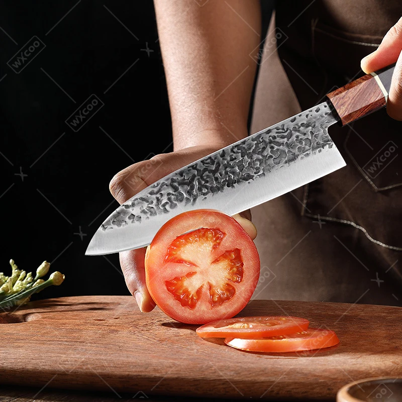 WXCOO 1~3PCS Meat Cleaver Hand Forged Kitchen Knife Set Thicken Acacia Wooden Cutting Board Japanese Fruit Cutting Santoku Knife