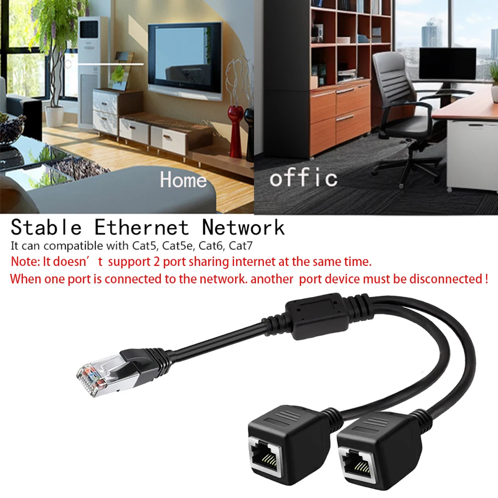 1 Male to 2 Female 2 Ways RJ45 Ports Ethernet Network Splitter Adapter 1 to 2 Socket Connector Extension LAN Double Ports