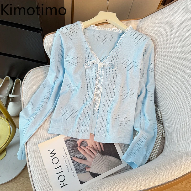 

Kimotimo Sweet Lace Spliced V Neck Bow Tied Knitted Cardigan Women 2025 Autumn Hollow Out Solid Casual Long Sleeve Sweater Tops